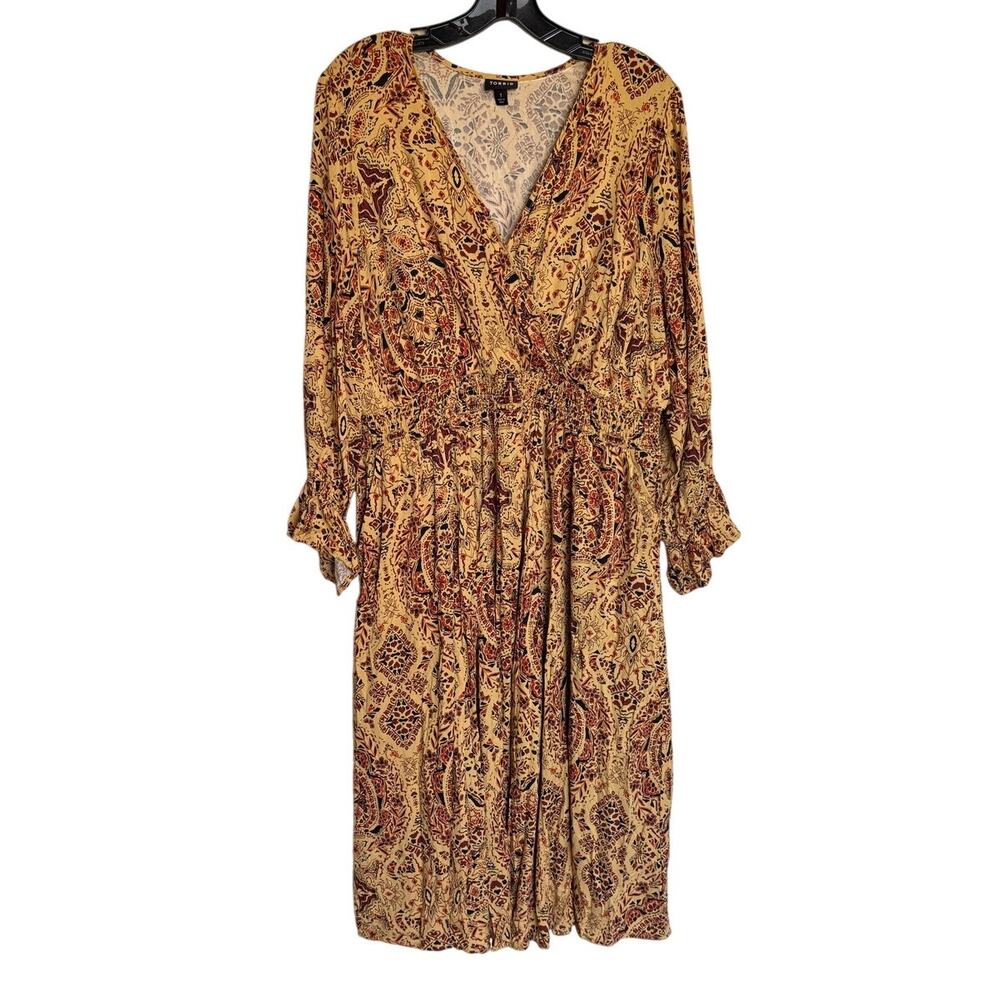 Torrid Boho Indian Block Print Style Midi Dress w Suplice Neckline Retro 70s 1X